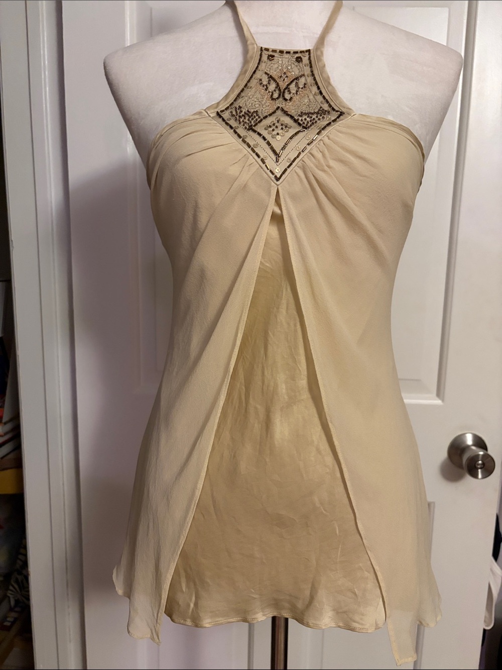Express Cream Strapless Halter Dress with Beaded Yoke